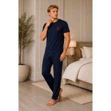 Pijamask Erkek Lacivert Çapa Nakışlı Kısa Kollu Pijama Takımı - Rahat Kesim Alt Üst Takım