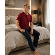 Pijamask Erkek Bordo Düğmeli Yaka Pamuklu Uzun Pantolonlu Pijama Takımı Siyah Alt Rahat Ev Giyim