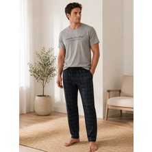 Pijamask Erkek Gri Baskılı Pamuklu Ekose Pantolonlu Pijama Takımı Kısa Kollu Rahat Ev Giyim