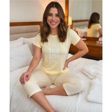 Pijamask Kadın Modal Kısa Kollu Krem Kapri Pijama Takımı Sunrise Baskılı Yazlık Ev Giyim (P10-336)