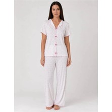 Pijamask Kadın Beyaz Pembe Kalp Desenli Gömlek Yaka Kısa Kollu Uzun Pantolonlu Pijama Takımı Rahat Ev Giyim Uyku Takımı