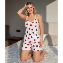 Pijamask Kadın Çilek Desenli Askılı Şortlu Pijama Takımı - Yazlık Rahat Ev Giyim (P100-0043)