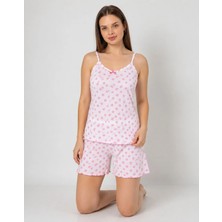 Pijamask Kadın Pembe Çiçek Desenli Askılı Şortlu Pijama Takımı Yazlık Rahat Ev Giyim (P100-036)