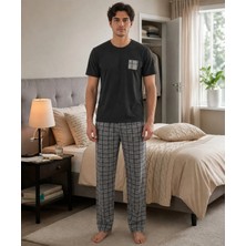 Pijamask Erkek Siyah Kısa Kollu Ekose Pantolonlu Pamuklu Pijama Takımı Cep Detaylı Rahat Ev Giyim