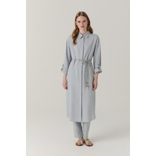 Zühre Kuşaklı Düğme Detaylı Akıcı Gri/mavi Tunik 1653