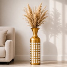Vien Home Dekoratif Puantiye Desenli Seramik Görünümlü Metal Yer Vazosu Gold Beyaz 66 cm