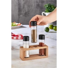 Renas Store Lima 3lü Baharat Takımı Ahşap Stantlı Baharatlık Siyah Kapak
