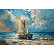 Aden Dijital Dekoratif Manzara Dalgalar ve Yelkenli Tekne Dekor Kanvas Tablo