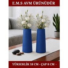 E.M.S 2 Adet Mavi Renk Uzun Büyük Boy Çizgili Vazo Bohem Uzun Vazo Iskandinav Tarz Vazo 18 x 8 Cm.