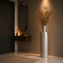 Vien Home Dekoratif Puantiye Desenli Seramik Görünümlü Metal Yer Vazosu Gümüş 84 cm