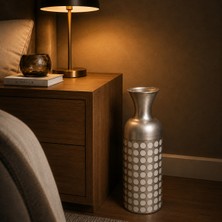 Vien Home Dekoratif Puantiye Desenli Seramik Görünümlü Metal Yer Vazosu Gümüş 50 cm