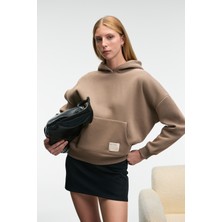 Ethiquet Clarıe Kadın Organik Pamuklu Oversize Kanguru Cepli Kapüşonlu Vizon Sweatshirt