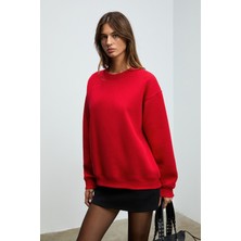 Ethiquet Karıus Kadın Organik Pamuklu Içi Polarlı Oversize Yuvarlak Yakalı Kırmızı Sweatshirt