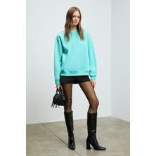 Ethiquet Karıus Kadın Organik Pamuklu Içi Polarlı Oversize Yuvarlak Yakalı Mavi Sweatshirt