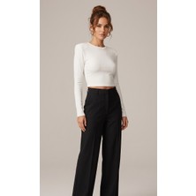 Blouse Ekru Viskon Uzun Kollu Crop Bluz