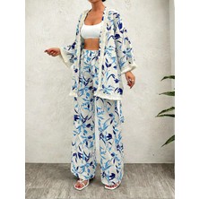 Mass Fashion Kadın Desenli Keten Pantolon ve Ceket Takım