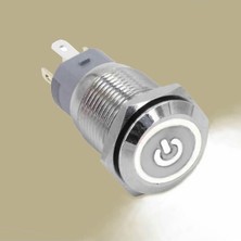 Alkatronik 16MM Metal Buton Beyaz Power Sembol LED Işıklı Panel Montaj Düz Kafa Kilitlemeli Dc 6