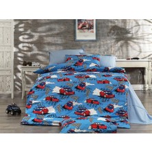 Ezgi Çocuk Desen Çarşafı Lastikli Tek Kişilik Nevresim Takımı 2 Yastıklı, Mavi, 100X200 cm