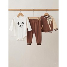 Mini Pakel Köpek Nakışlı 3'lü Erkek Bebek Takım 0-3 Ay 3-6 Ay 6-9 Ay Bebek Takım Ceket+Zıbın+Pijama Yenidoğan Bebek Takım