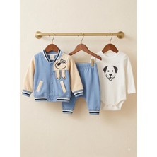 Mini Pakel Köpek Nakışlı 3'lü Erkek Bebek Takım 0-3 Ay 3-6 Ay 6-9 Ay Bebek Takım Ceket+Zıbın+Pijama Yenidoğan Bebek Takım