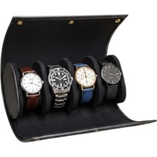 4'lü Deri Saat Kutusu Silindir Tasarım Taşınabilir Saat Saklama Organizer 24X11X7 Cm(Siyah)