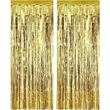 2 Adet 45 cm × 200 cm Metalize Arka Fon Kapı Perdesi Püsküllü Fon Süsü Gold