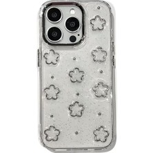 3D Gümüş Çiçekli Şeffaf Simli iPhone 13 Pro Uyumlu Kılıf – Kamera Korumalı, Darbe Emici S
