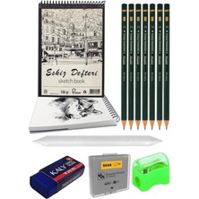 A4 120 gr Eskiz Defteri Telli 7 Adet Dereceli Kalem Çizim Seti Pastel Dağıtma Silgi Karakalem Esk