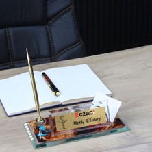 Çılgıntrend Kişiye Özel Eczacı Logolu Kristal Masa Üstü Isimlik - Saatli Kartvizitlikli Lüks Ofis Hediyesi