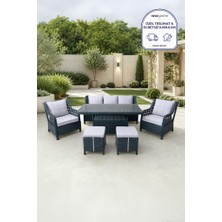 Niron Grand 3'lü Rattan Alüminyum Bahçe Oturma Grubu - Antrasit Temperli Cam Set 3+1+1+Puf