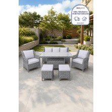 Niron Grand 3'lü Rattan Alüminyum Bahçe Oturma Grubu Gri - Temperli Cam Set 3+1+1+Puf