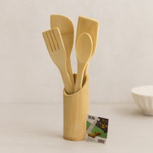 Ahşap Bambu Mutfak Servis Seti 5 Parça (Kaşık, Çatal, 2 Spatula, Stand) 27.5/30 cm