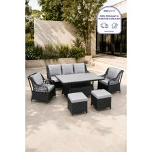 Niron Leo 3'lü Rattan Bahçe Oturma Grubu - Antrasit Temperli Cam Set 3+1+1+2 Puf