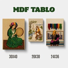 Zerya Halı Def ve At Kadın Nakış Görselli Tasarımlı Motifli Duvar Dekoratif Mdf Ahşap Retro Poster Tablo