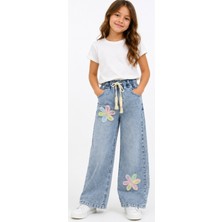 İrem Çocuk Giyim Kız Çocuk Çiçek Aplikeli Beli Lastikli Geniş Paça Model Mavi Renk Kot Pantolon
