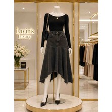 Lavin’s Luxury Asimetrik Kesim Antrasit Denim Etek