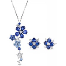 Brezza Lusso Jewelry Safir Taşlı Pırlanta Model Çiçek Demeti Kadın Gümüş Kolye Küpe Seti