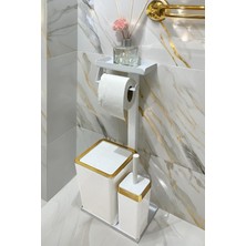 3'ü 1 Arada Banyo Seti Tuvalet Kağıtlık, Çöp Kovası ve Tuvalet Fırça Takımı (Gold Beyaz)