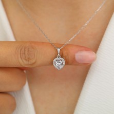 Hom Silver Jewelry 925 Ayar Gümüş Beyaz Taşlı Kalp Tasarımlı Pandora Tarz Kadın Kolye HSJ0254