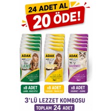 Adak Yetişkin Kedi Yaş Maması Pouch 24X85 G Karma Lezzet Paketi (8 Kuzu + 8 Tavuk + 8 Gurme) 24 Al 20 Öde