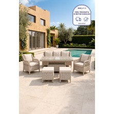Niron Grand 3'lü Rattan Alüminyum Bahçe Oturma Grubu - Cappucino Temperli Cam Set 3+1+1+Puf