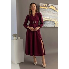 Mass Fashion Kadın Taş Toka Detaylı Yırtmaçlı Kloş Elbise