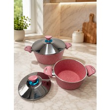 2'li Döküm Granit 20 Cm+28 cm Çelik Kapaklı Derin Tencere Seti-Pembe