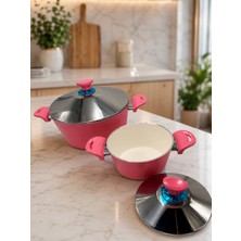 2'li Döküm Seramik 18 Cm+24 cm Çelik Kapaklı Derin Tencere Seti-Pembe