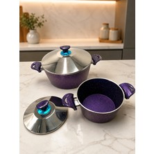 2'li Döküm Granit 18 Cm+24 cm Çelik Kapaklı Derin Tencere Seti-Mor