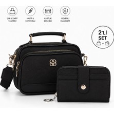 Newish Polo Kadın Siyah Kumaş Çapraz El  Omuz Çantası ve Cüzdan Kartlık - NEW370