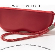 Wellwich Silikon Gözlük Kılıfı  Güneş Gözlüğü Optik Gözlük Koruyucu Fermuarlı Kutu       Koyu Vişne -Parlak  Kırmızı Taşlı Aksesuar-Üzeri Desensiz