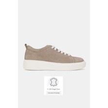 Tunaelli Kadın Bej Süet Hakiki Doğal Deri 35-41 Numara Eva Taban Bağcıklı Sneaker Ayakkabı