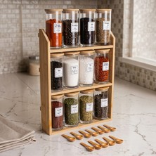 Snippy Leroy - 3 Katlı Bambu Standlı 12'li Baharatlık Seti Bambu Vakum Kapaklı Etiketli Organizer Kaşık Etiket Hediyeli Standı Baharatlık 290ML