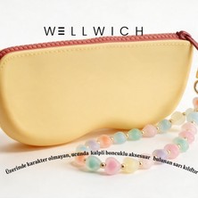 Wellwich Silikon Gözlük Kılıfı  Güneş Gözlüğü Optik Gözlük Koruyucu Fermuarlı Kutu Sarı Renk-Kalpli Taşlı Aksesuar-Üzeri Desensiz